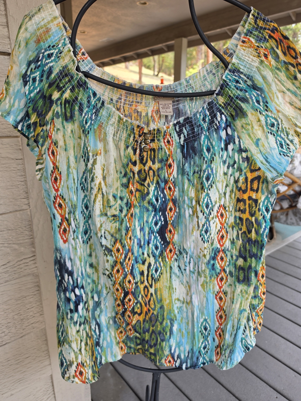 Art And Soul Teal Multi Boho Short Sleeve Blouse
